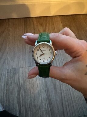 Timex Silver-Tone Watch with Green Leather Strap